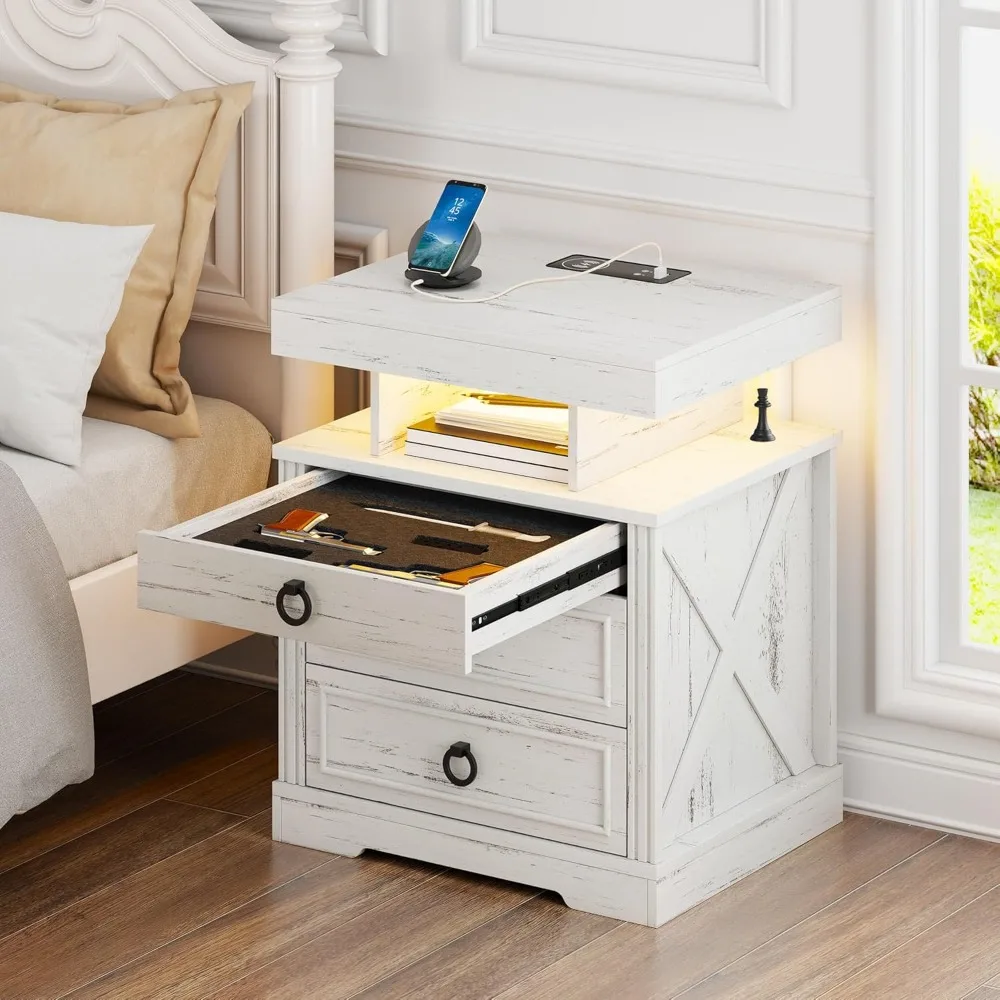 

Farmhouse Nightstand with Lockable Gun Drawer,3 Color Dimmable LED End Table with Charging Station,Bedside Table with Hum