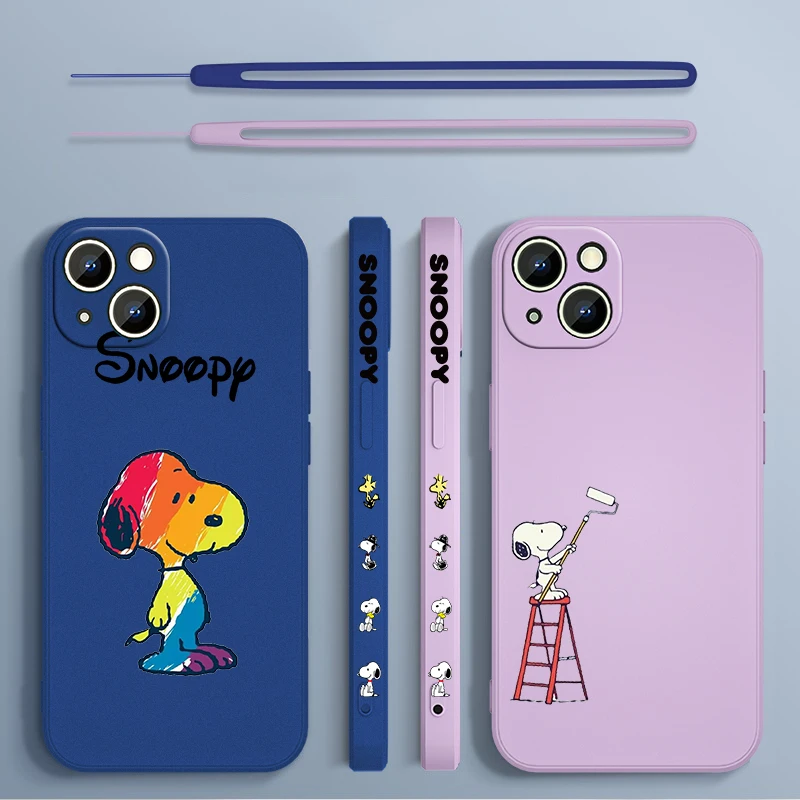 Cute Cartoon S-noopys For Apple iPhone 15 14 13 12 11 XS XR X 8 7 Pro Max Plus Mini Liquid Left Rope Phone Case