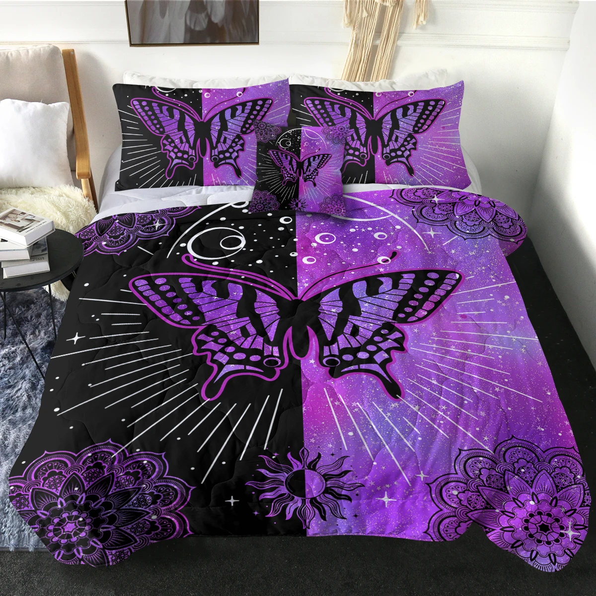 

Unique Half Black and Half Purple Butterfly Printed Comforter Set for Kids and Adults Modern Bedspread Home Decor