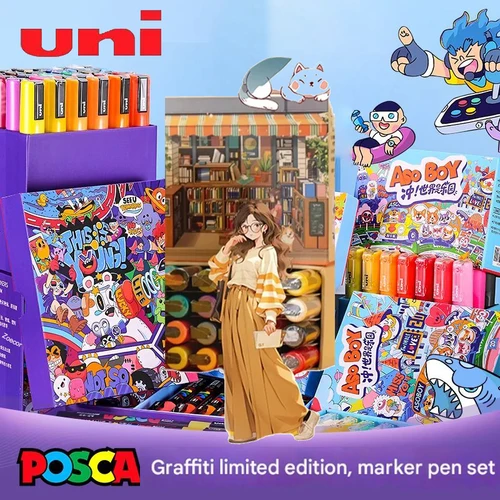 Juego de marcadores de carteles UNI Posca POP, tema de Graffiti de varios tamaños, marcadores de colores de alta cobertura, creaciones artísticas, aplicabilidad de todos los materiales