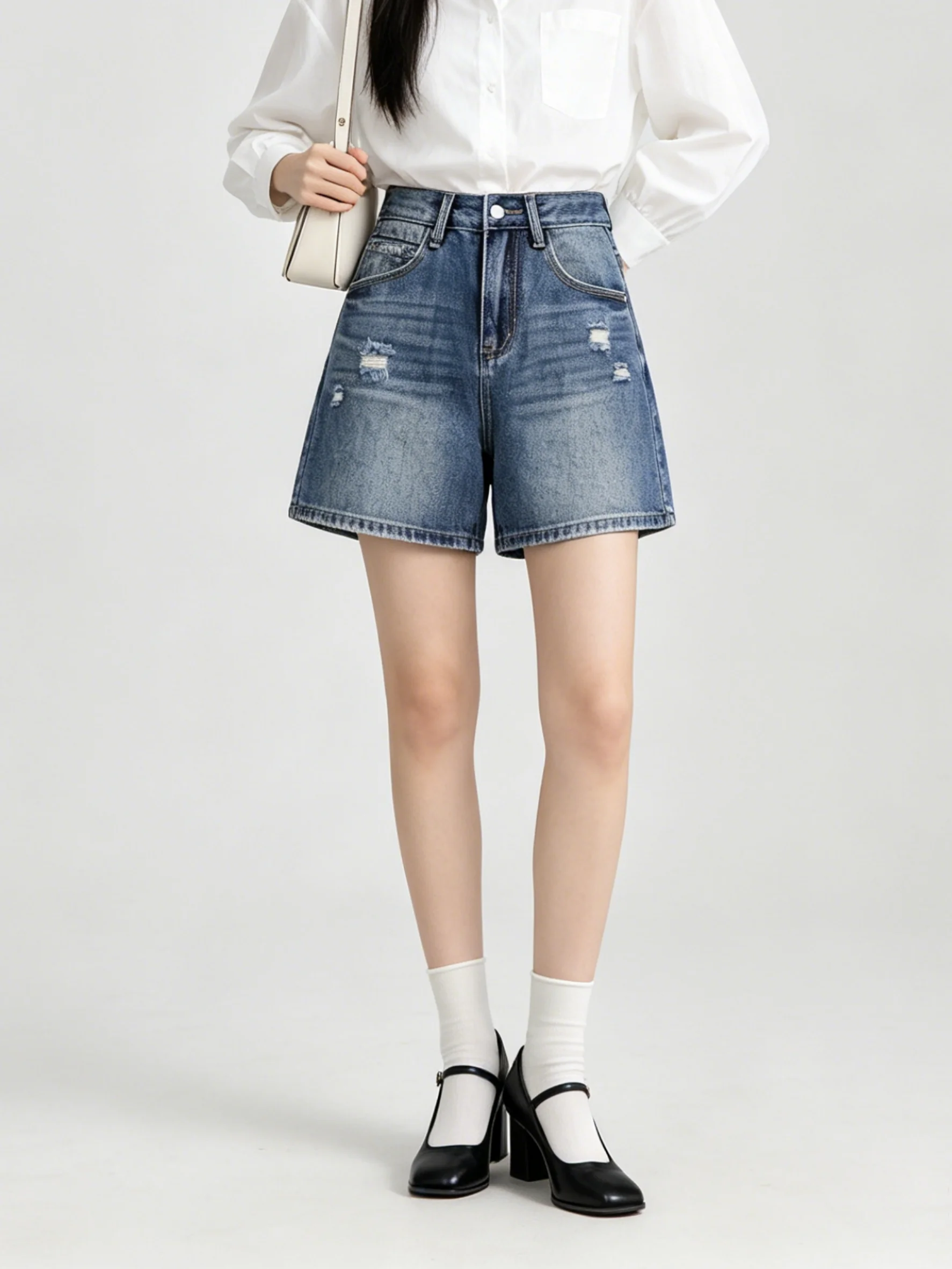 

High Waist Wide Leg Jeans Shorts Light Blue Vintage Loose Fit Versatile Summer Hot Pants Korean Style Natural Waist Pocket De...
