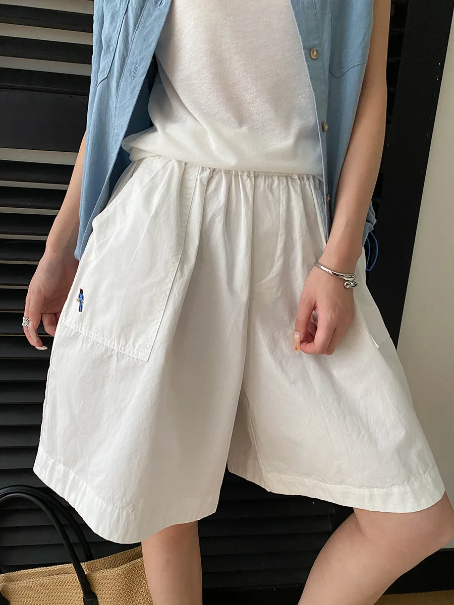 

Summer women's solid color simple casual pocket embroidery elastic waist wide leg shorts