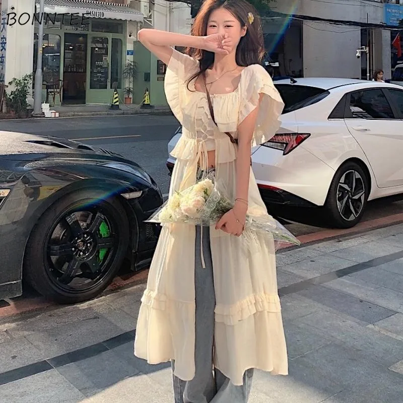 Dresses Women Summer Sweet Girls Butterfly Sleeve Lace-up Designed Slimming Resort Style Sunscreen Clothing Korean Fashion Chic