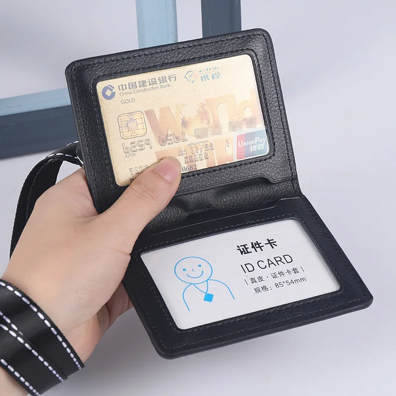 새로운 소가죽 이중 카드 슬리브 신분증 홀더 배지 케이스 투명 은행 신용카드 클립 배지 홀더 액세서리