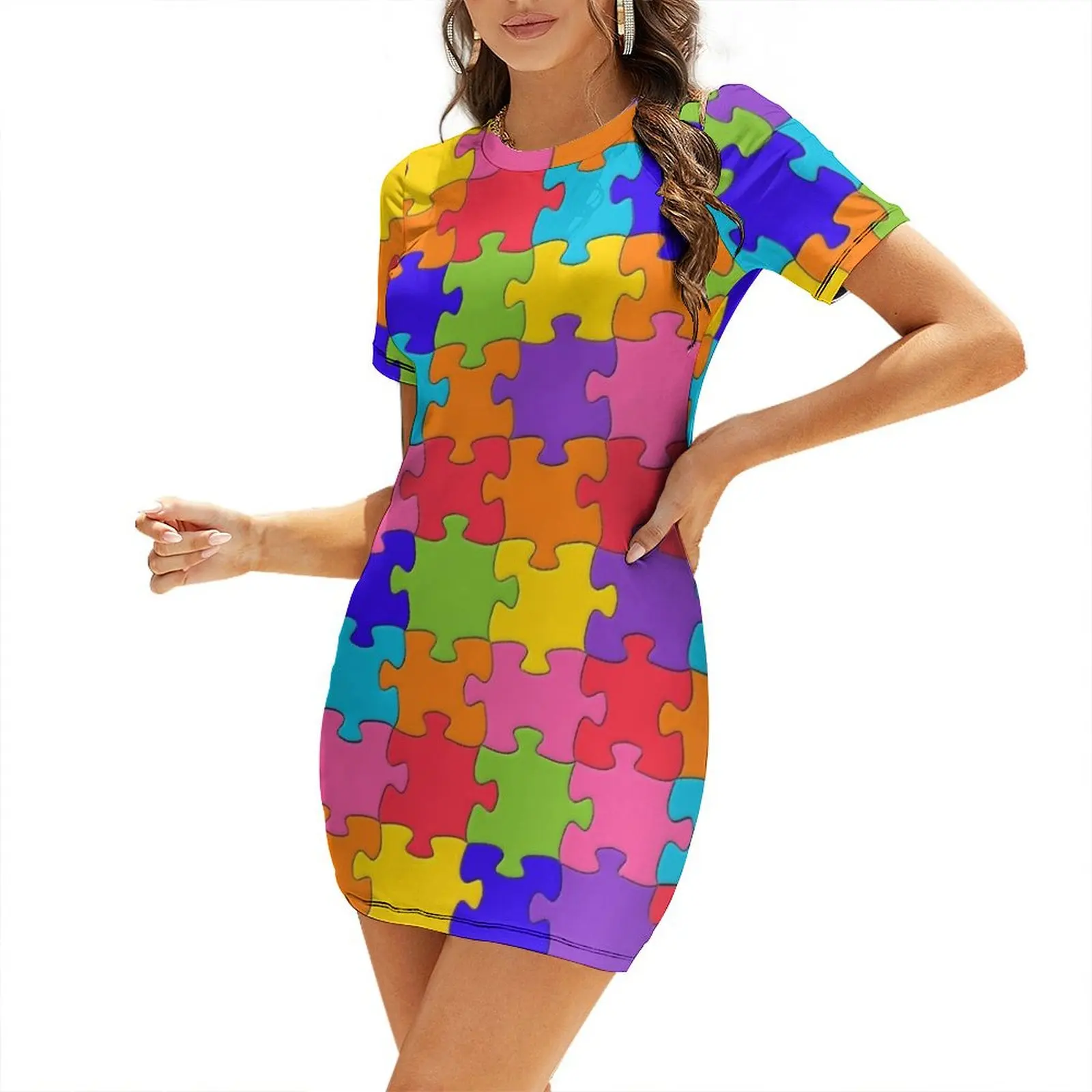 Funny Colorful Jigsaw Solved Puzzle Pieces Short Sleeved Dress prom dress 2025 Dress vintage