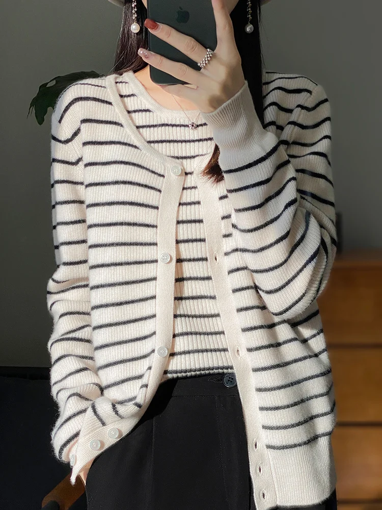 CHICUU Women Summer Vest O-neck Striped Cardigan Suit Spring Autumn 100% Merino Wool Knitwear Casual Cashmere Sweater Korean Top