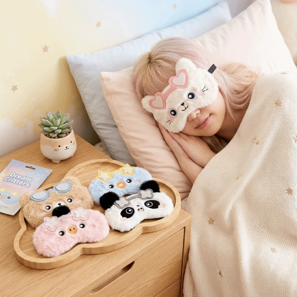Fabric Sleep Eye Mask Padded Adjustable Elastic Strap Cartoon Eye Mask Cotton Filling Soft Light Blocking Blindfold Home Office