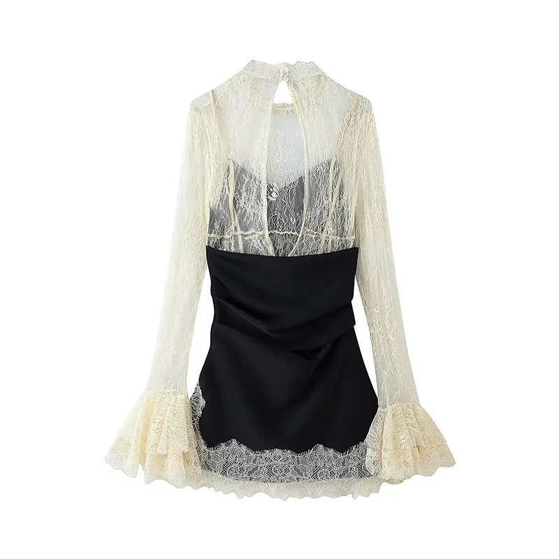 NLZGMSJ Sexy Club Chic Women Dress O-Neck Backless Long Sleeve Lace Patchwork Mini Dress Fashion 2026 Spring Party Dress