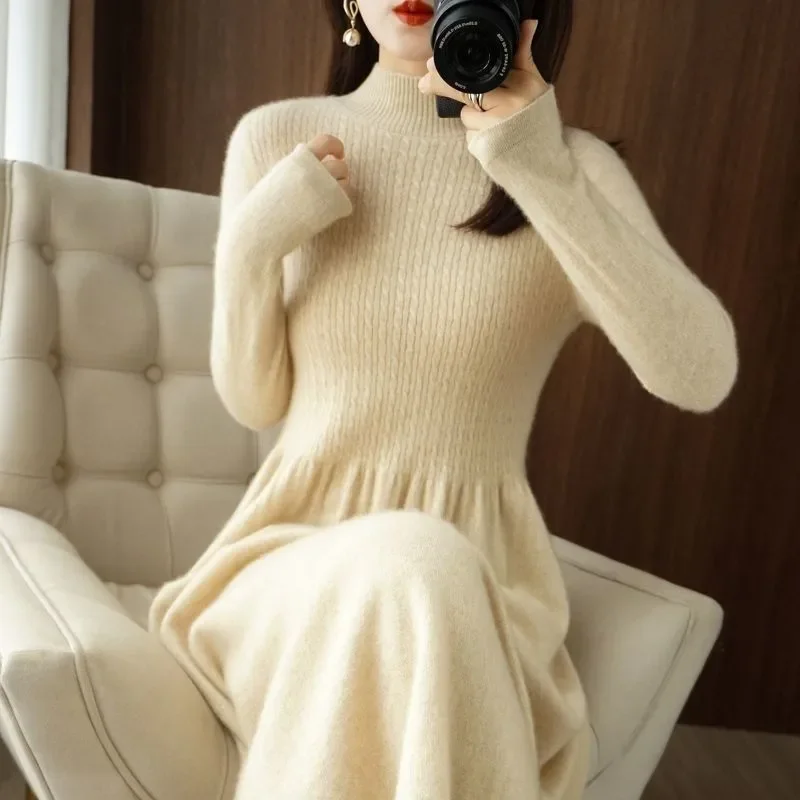 

Over The Knee Wool Long Dress 2024 Autumn and Winter Sweater Korea Style Slimming Half Turtleneck Sweater Skirt Casual LJ583