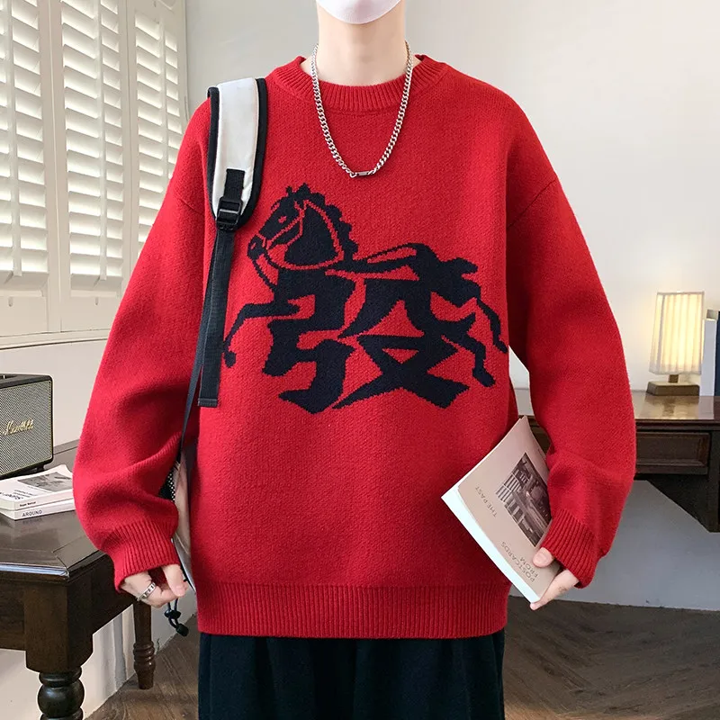 

Новинка 2025, мужской вязаный свитер, красный цвет, зимняя мода, мягкий трикотаж, повседневный свободный крой, круглый, теплая гарантирована