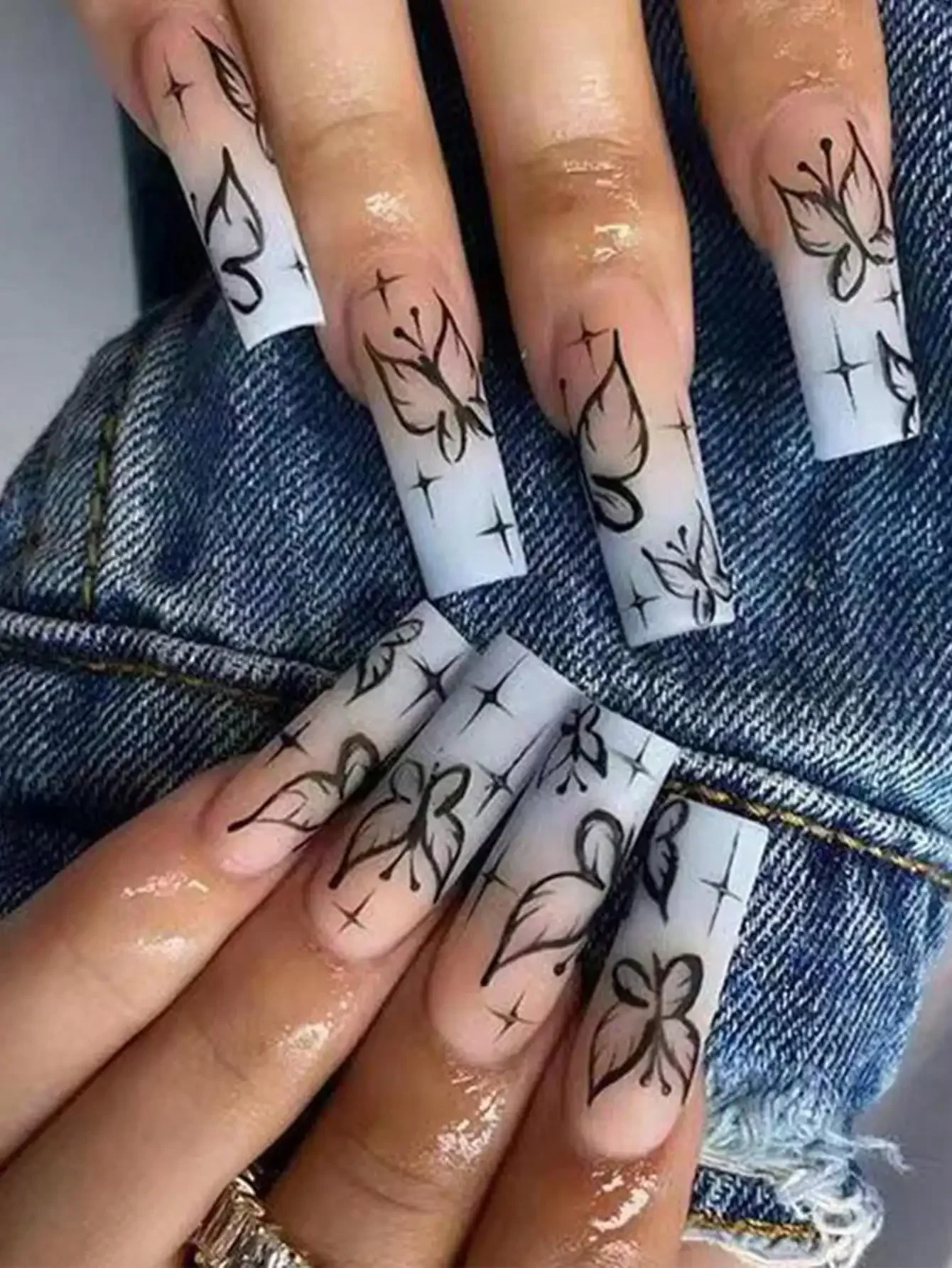 

French Style Pink & Blue Ombre Butterflies & Stars Long Ballerina Wear Nail Art 24pcs + Jelly Glue 1pc + Nail File 1pc Press On Nails Nail Supplies