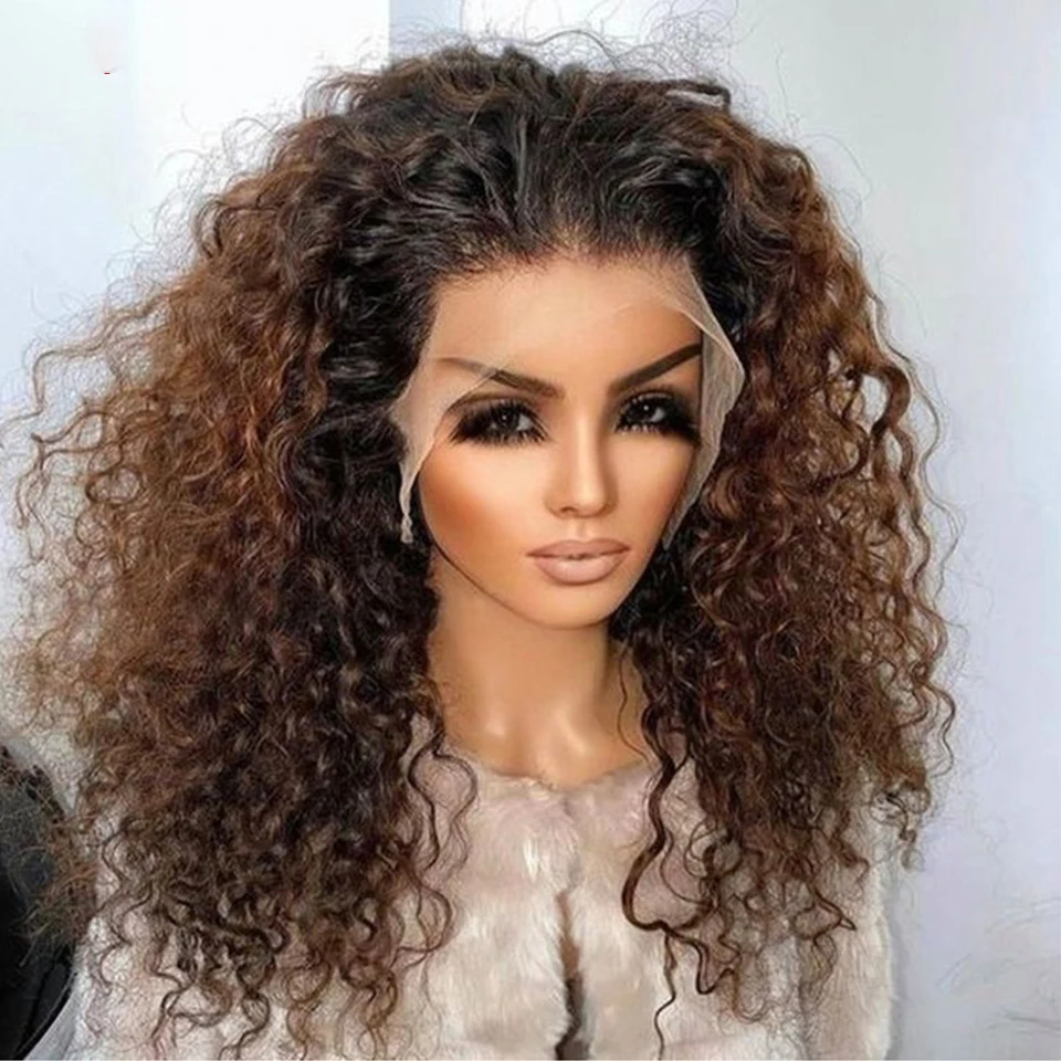 

Soft 26“Long Ombre Brown Blonde Kinky Curly180Density Lace Front Wig For Black Women BabyHair Glueless Preplucked Heat Resistant