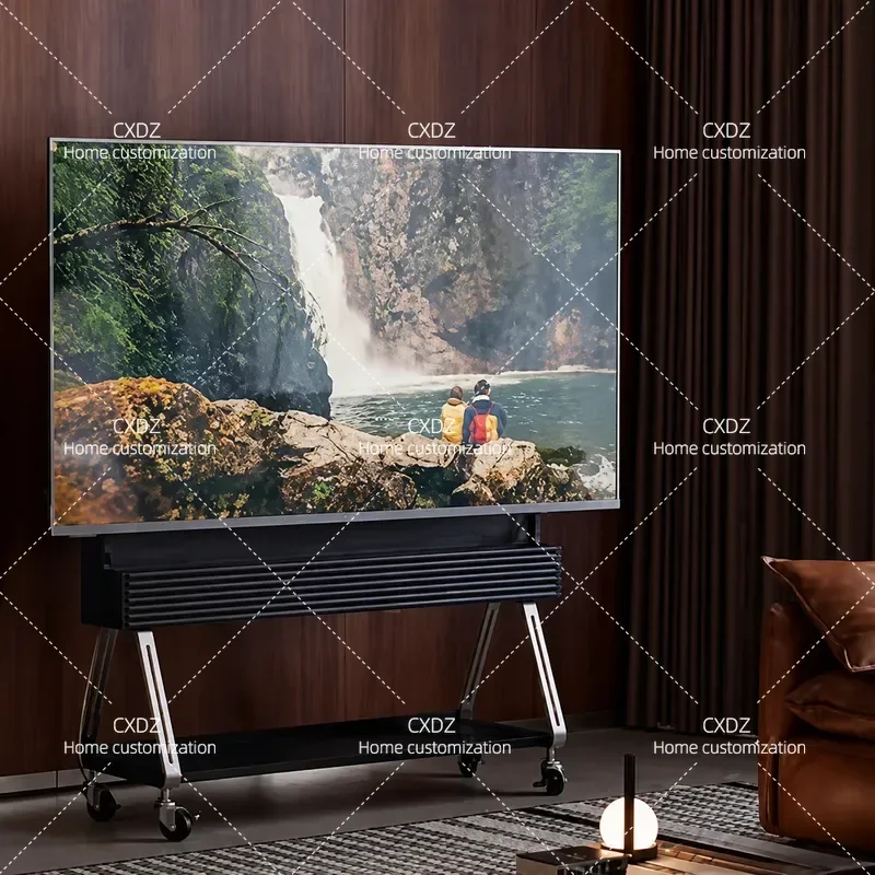 Solid Wood Floor to Ceiling Audio Visual Cabinet with Stainless Steel Pulleys Mobile TV Stand Bracket for Small Apartment