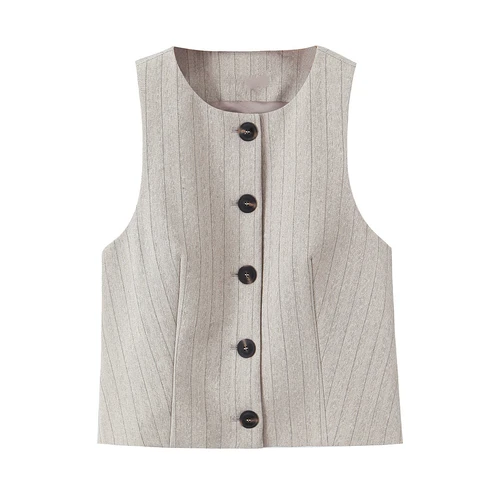 Imagen 2 del producto 2025 RARA primavera nueva mujer espiga rayas sin mangas cuello redondo Chaleco corto plisado pantalones casuales de cintura alta