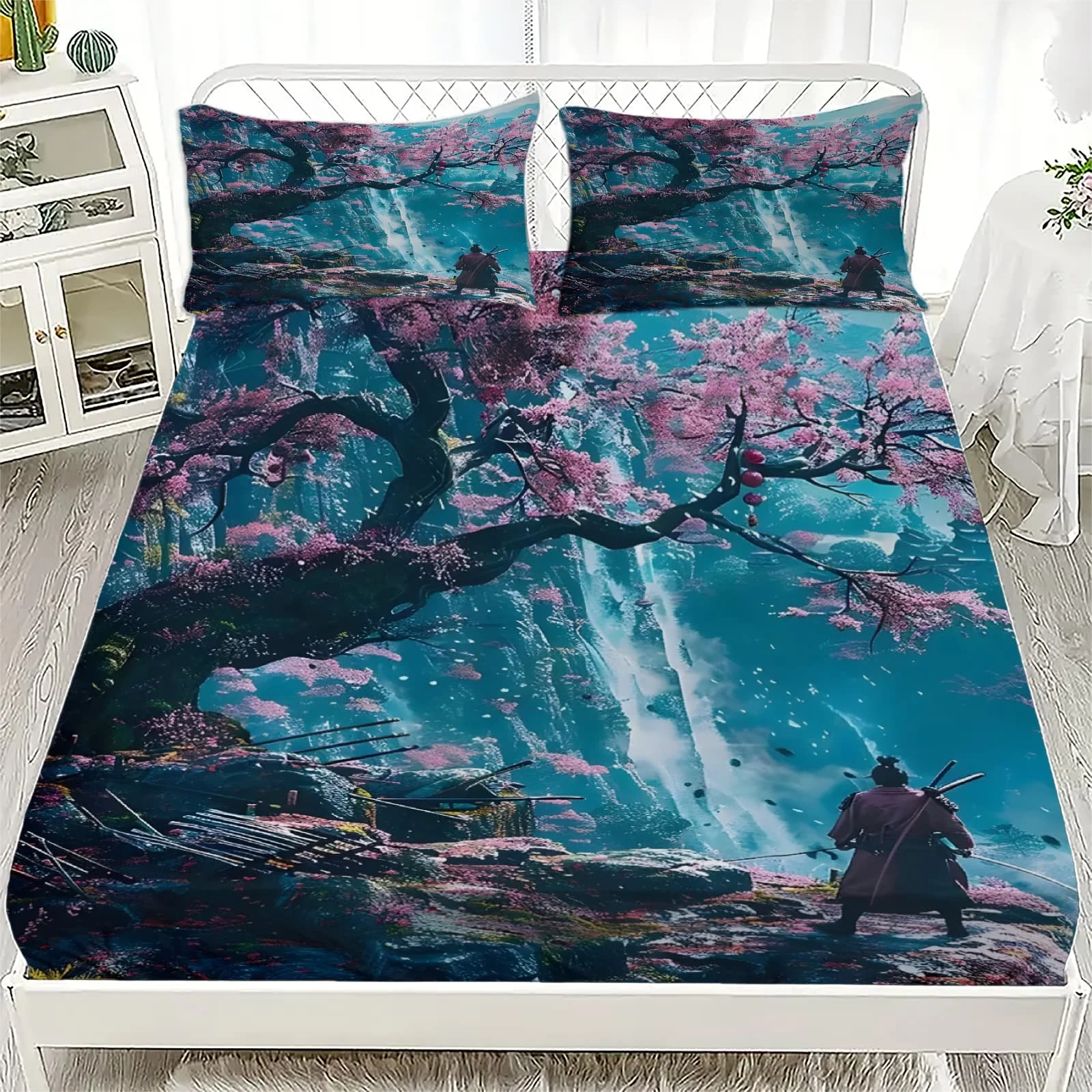 1pc Fantasy Samurai with Cherry Print Fitted Sheet Deep Pocket Elastic Mattress Cover Single Double Queen King Bedroom Decor