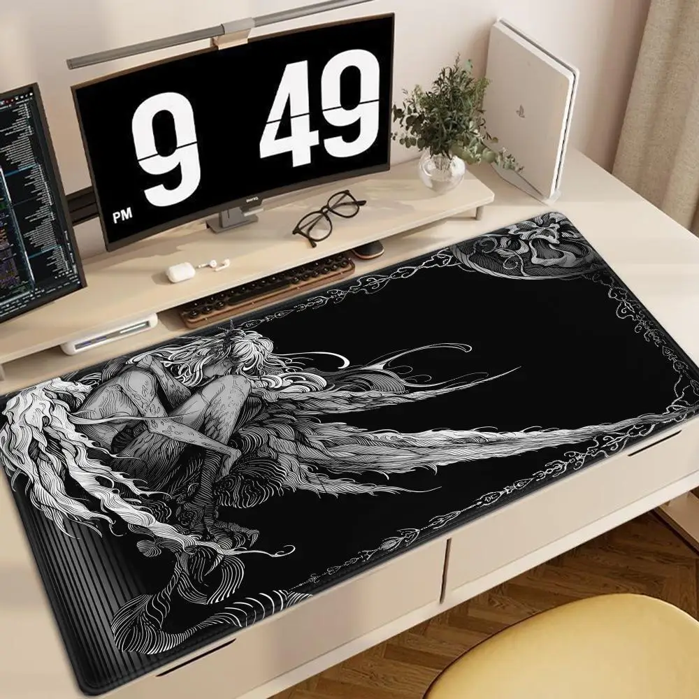 HYBXAXC Gothic Retro Black Girl Schreibtisch-Ästhetik-Kunstmatte, Mauspad, 90 x 40 cm, Gummimatte, Teppich, Tischunterlage, HD-PC-Matten, Bürozubehör