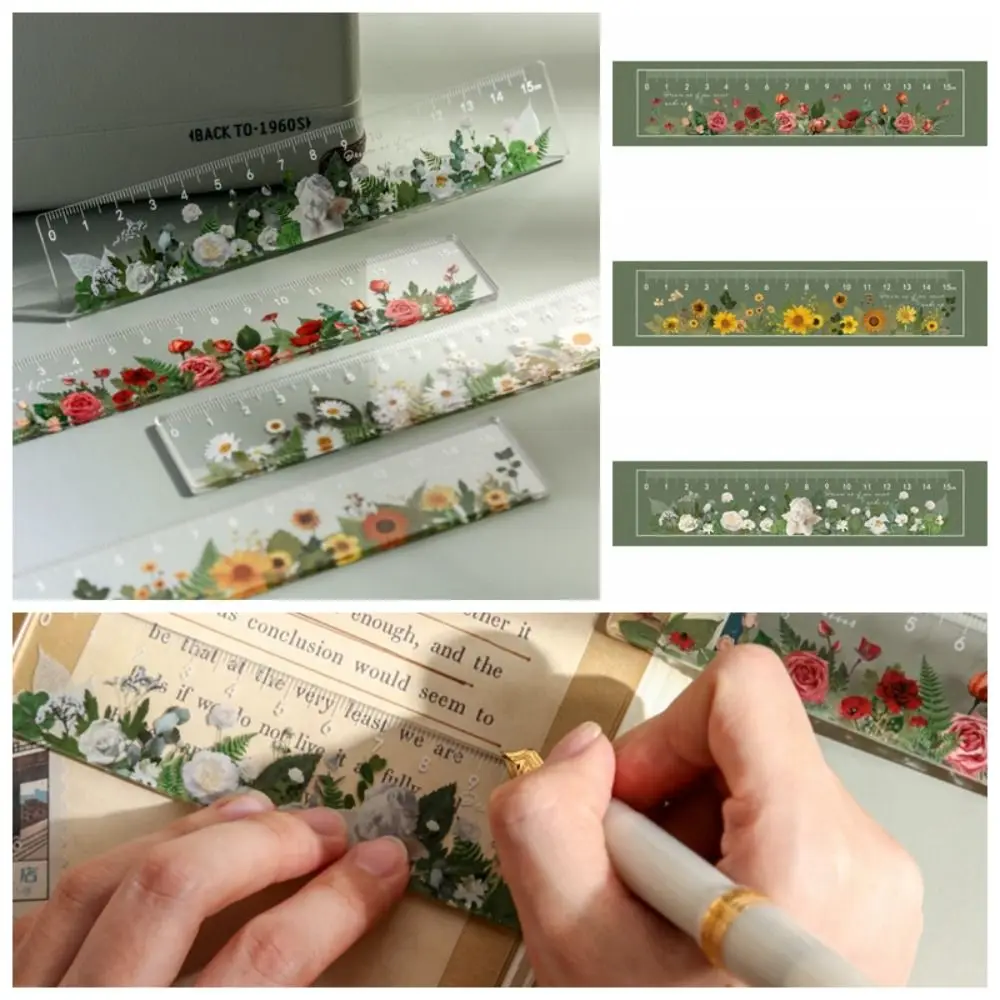 Flower Series Multifunction 15cm Straight Ruler Double-duty Transparent Math Drawing Ruler Rose Daisy Flower Bookmark Stationery