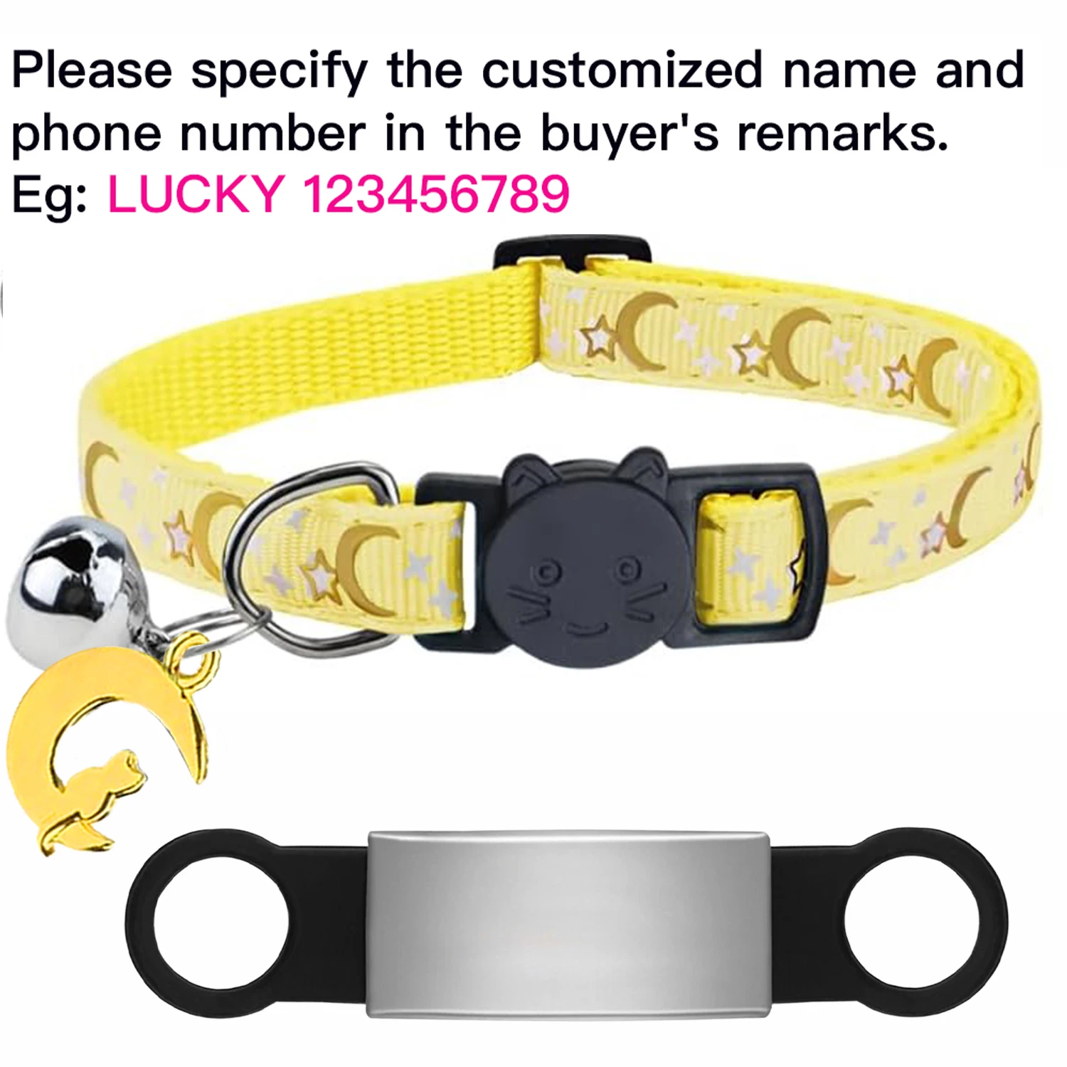 Maßgeschneiderte süße leuchtende Katzenhalsband mit kostenloser Gravur für Welpen und Kätzchen, Anti-Verlust-Haustier-ID-Namensschild-Halskette mit Glöckchen- und Mondornament