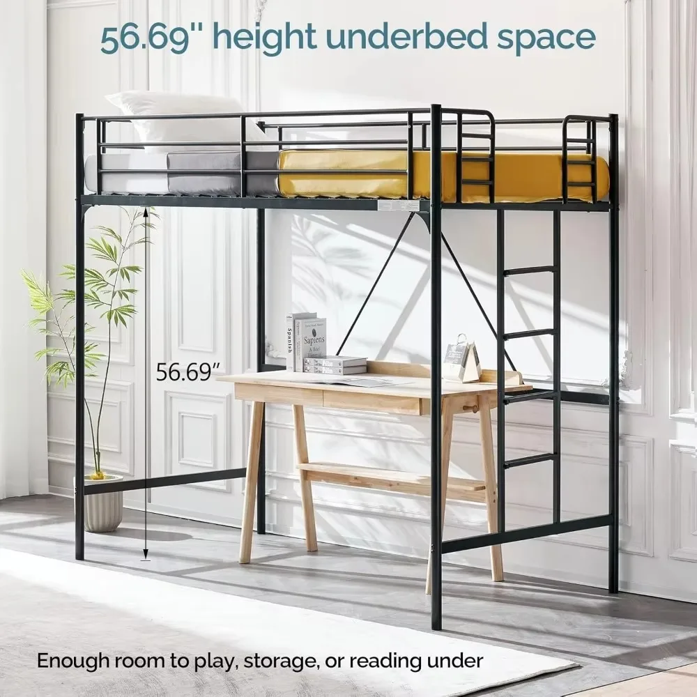 Loft bed with staircase, metal single loft bunk bed with safety rails and flat staircase, rubber cover, suitable for teenagers