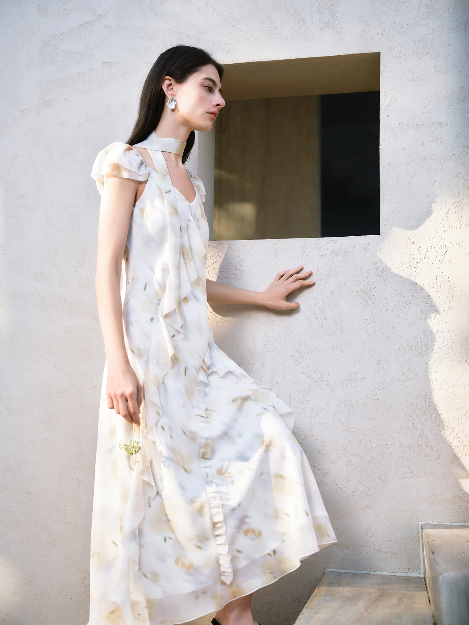 ZIQIAO【2 Veision】Women Chiffon Strappy Long Dress 2025 Spring New Fly Sleeve Polyester Floral Dresses 25ZQ91104+25ZQ91154
