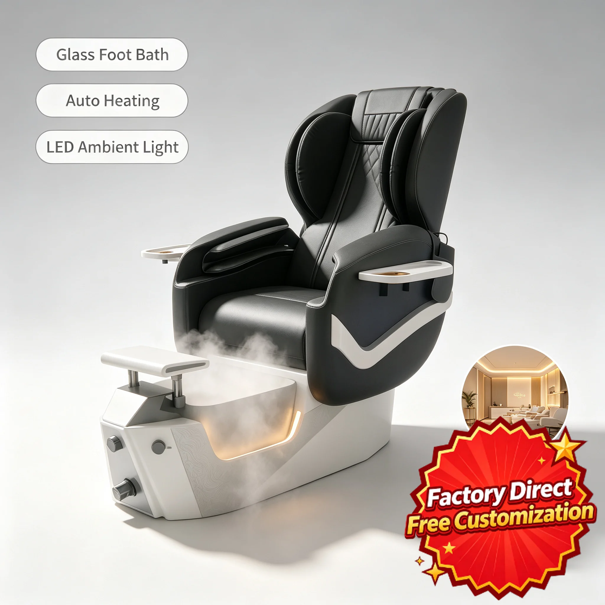 Luxury Pedicure Spa Chair Electric Massage Recliner with Crystal Foot Basin LED Light Manicure Sofa for Professional Nail Salon