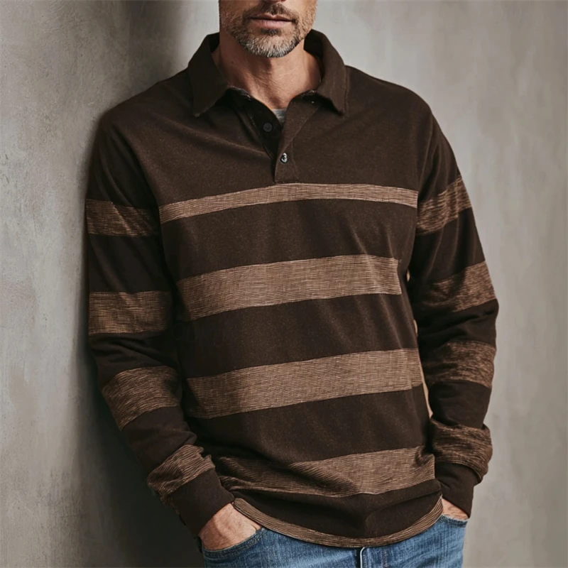 Simple Fashion Striped Graphic Polo Shirts For Men Casual Retro 3D Printed Long Sleeve Golf Polo Loose Daily Wear Business Tops