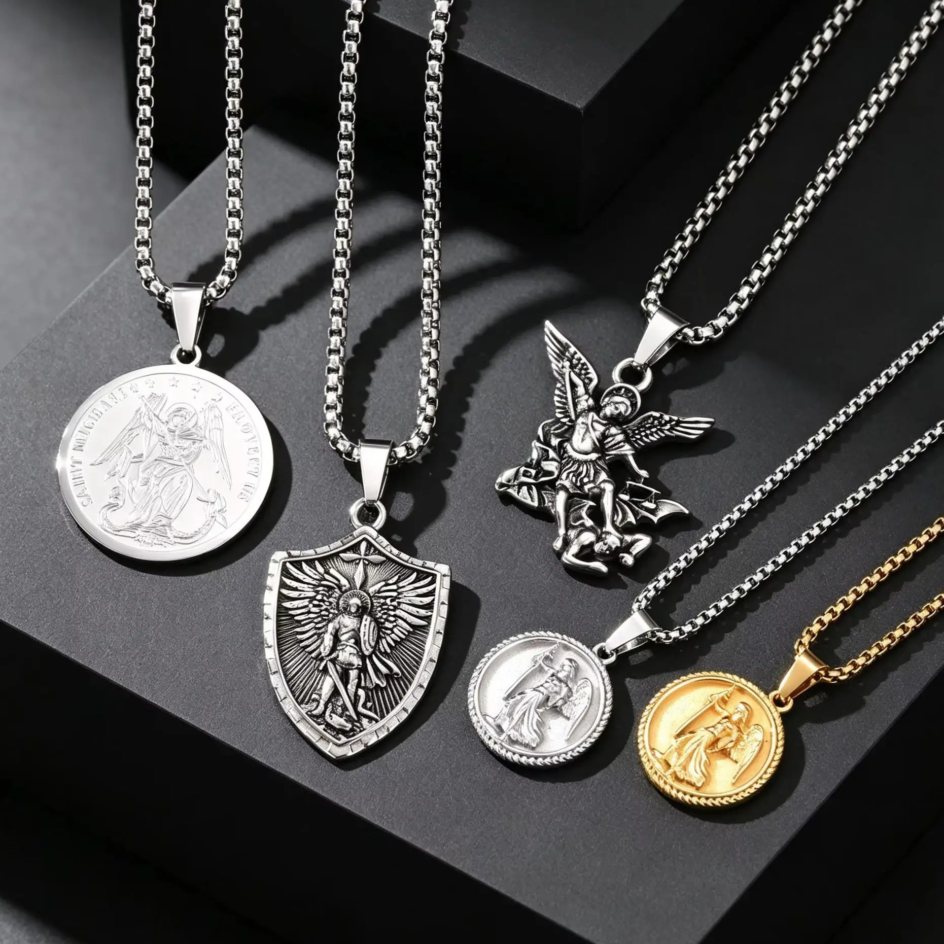 St. Michael Archangel Round Coin Pendant Necklace, Stainless Steel Medal Angel Charm Necklace, Retro Christian Jewelry Accessory
