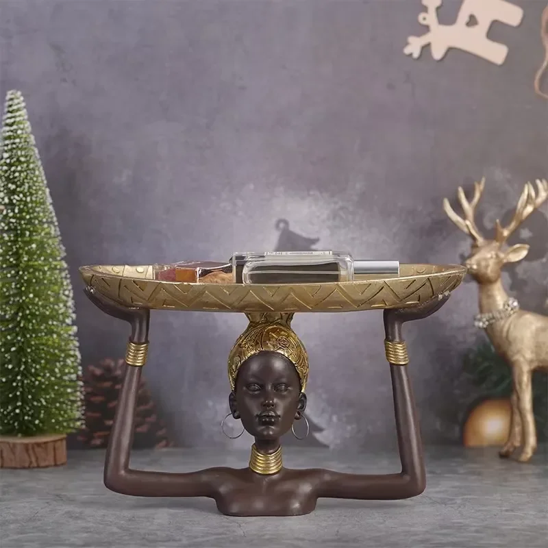 Modern Art Antique African Black Resin Sculpture Stand for Home Jewelry Display and Small Items Storage