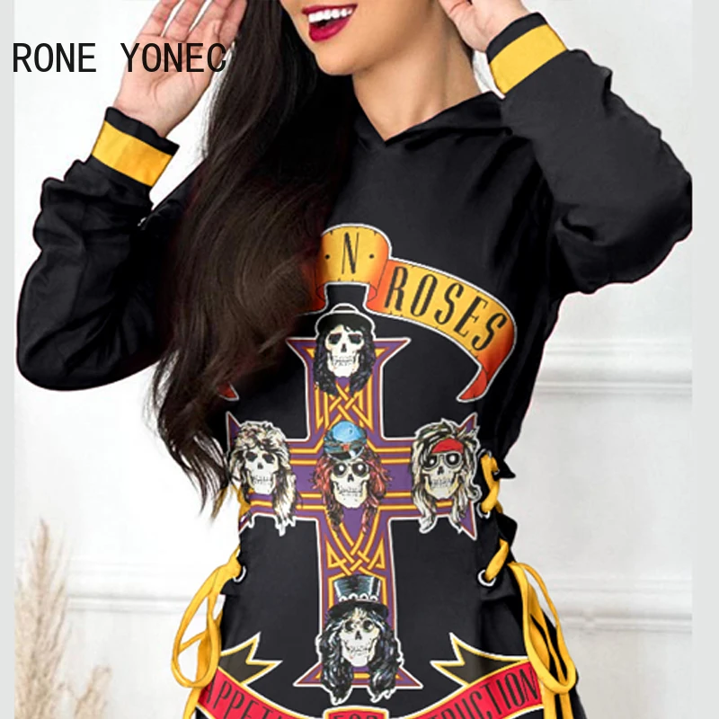 Women Hooded Allover Print Lace Up Long Sleeves Casual Mini Sweatshirt Dress