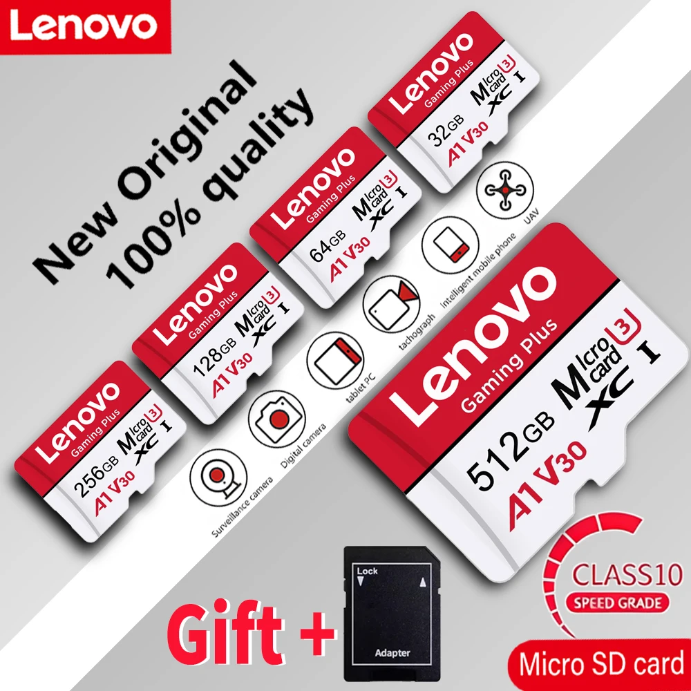 Lenovo Micro SD TF Memory Card Mass Storage 512GB V30 128GB 64GB Full HD for GoPro Dashcam Phone - SD Cards for Digital Storage