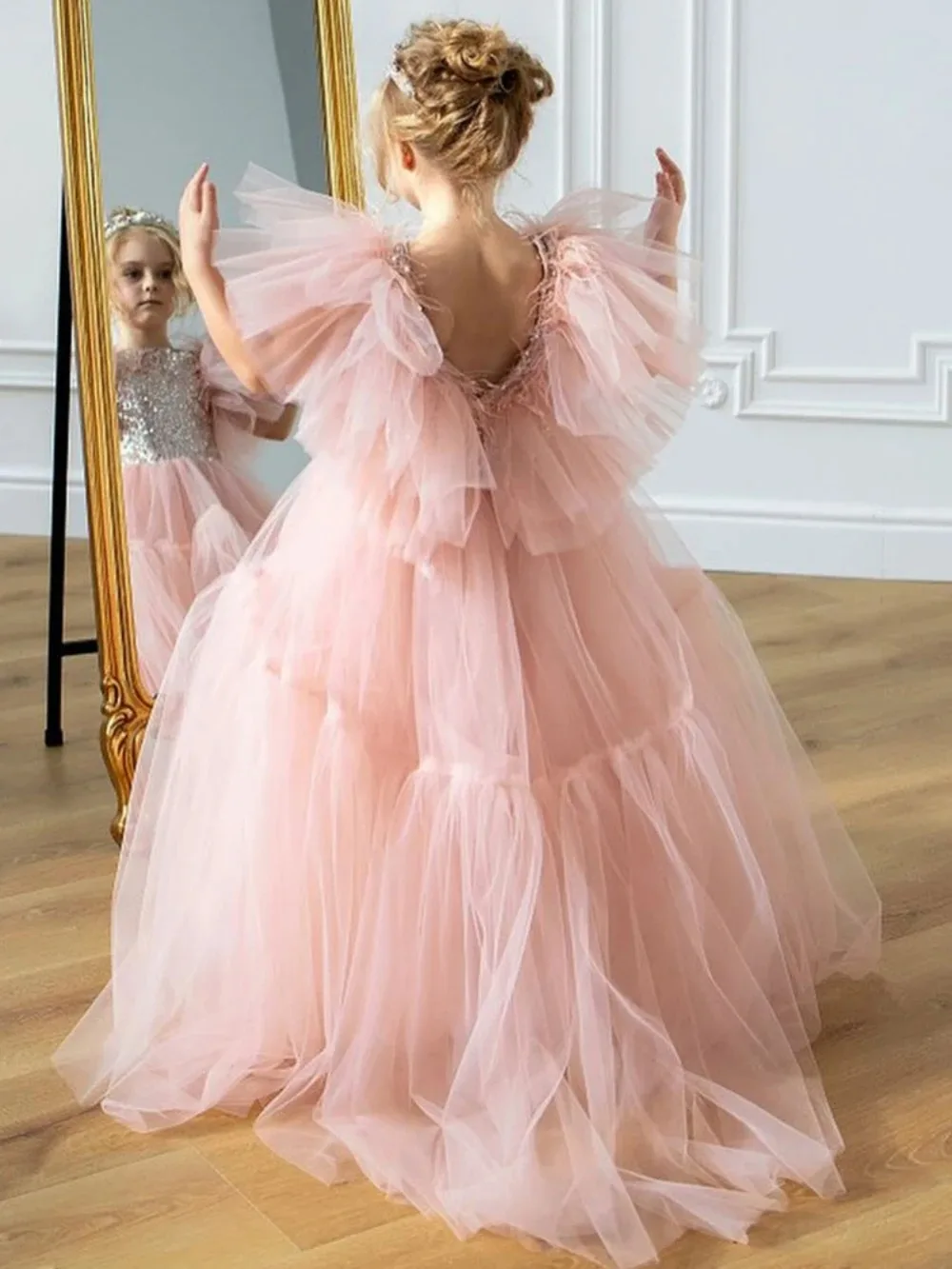 

Pink Flower Girl Dresses For Wedding Tulle Sequins Long Length Baby Girl Birthday Banquet First Communion Gowns Customized