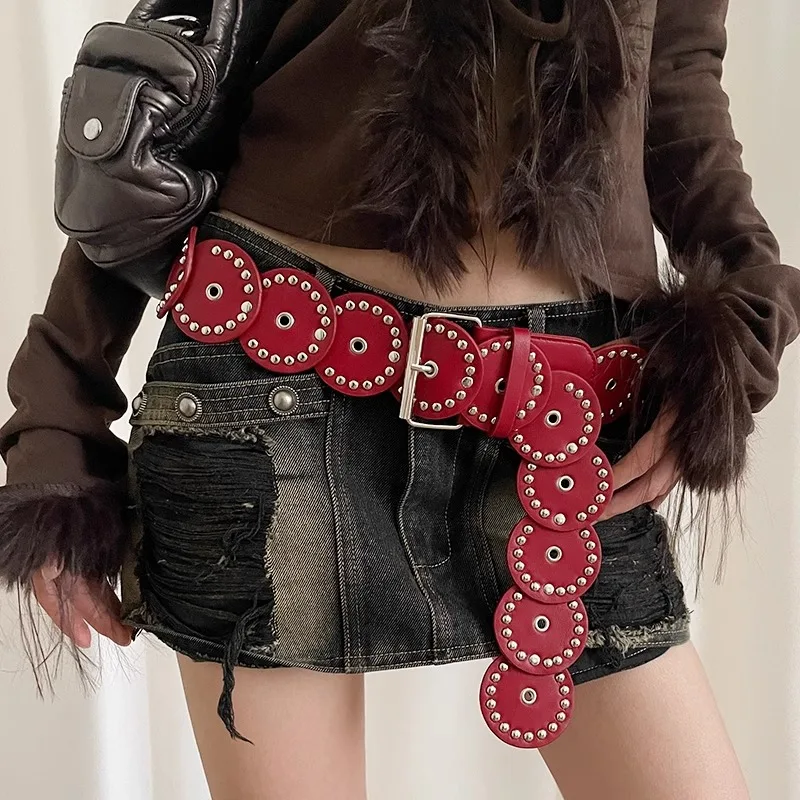 Western Red Wide Concho Belt Bright Red Faux Leather Rhinestone Edge Oval Metal Plate Silver Pin Buckle Corset Waist Belt