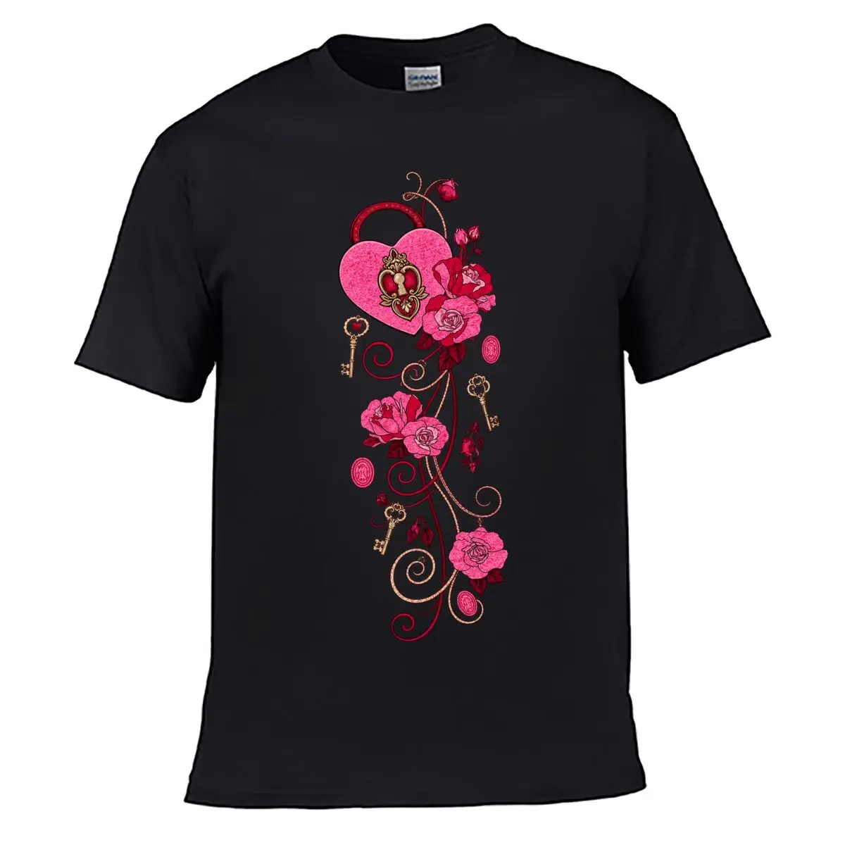 Pink Heart Lock Roses Ornate Keys Gothic Floral Vines Loose T-shirt Casual Tee