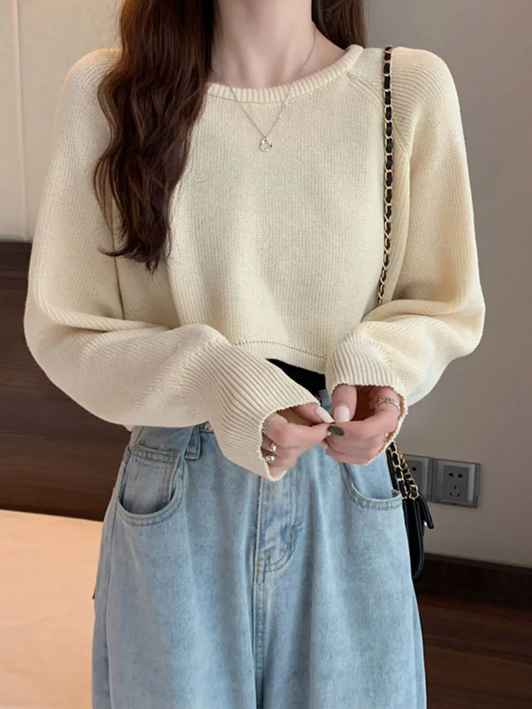 New Autumn Women Solid maglione o-collo maglione allentato Pullover Crop Top maglioni camicie Femme Knit Outwear Jumpers