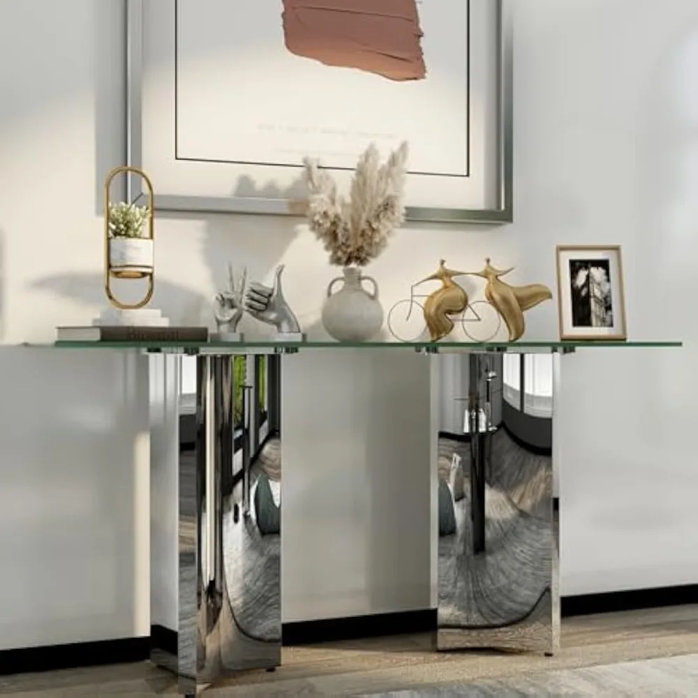 

Silver and Glass Console Table,Sofa Table, Silver Rectangle Entryway Table with Polished Mirror Base for Living Room, Hallway