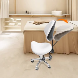 White Saddle Stool Rolling Beauty Work Chair Adjustable Height with Wheels +Backrest Heavy Duty