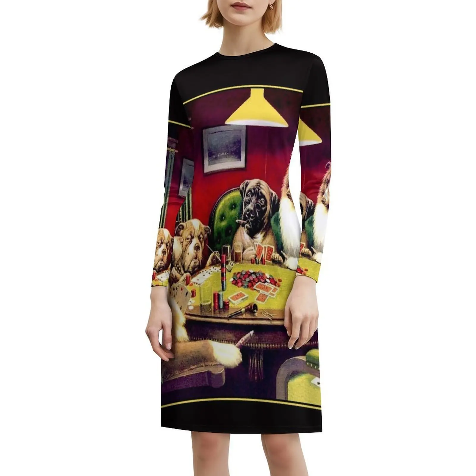 الكلاب لعب البوكر: فستان حفلات نسائي عتيق باللونين البني والسيجلو ملابس الشارع الشهير ملابس نادي مطبوعة عصرية للكلاب النسائية #6