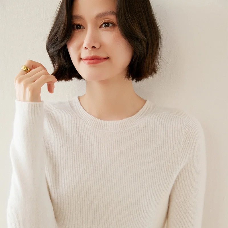 

Осенний женский пуловер из 100% шерсти, свитер с длинными рукавами и круглым вырезом, эластичный свитер, свободный и мягкий высококачественный топ