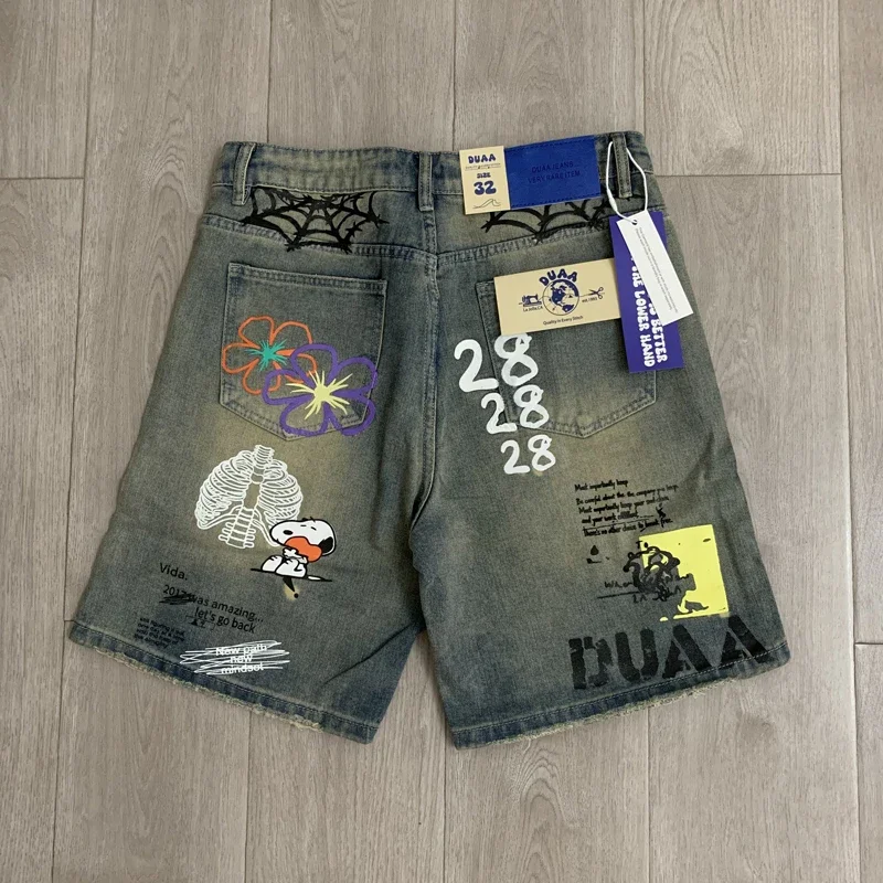 New Vintage Wash Graphic Print Denim Shorts Men Hip Hop Street Style Embroidery Duaa Jeans Shorts