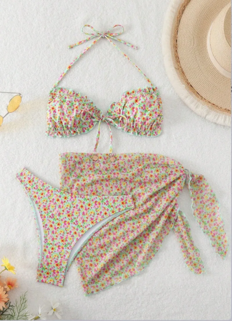 セクシーなフラワープリントフリルマイクロホルタービキニセット 3 個メッシュカバースカートビーチ衣装水着水着水着