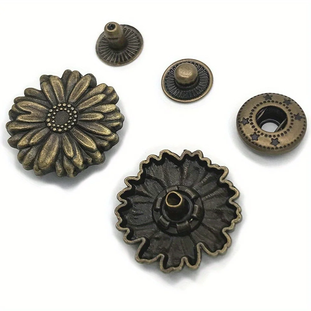Vintage Bronze Metal Snap Buttons Featuring Chrysanthemum Designs, Ideal For Leather Projects Like Jackets, Complete With Caps,