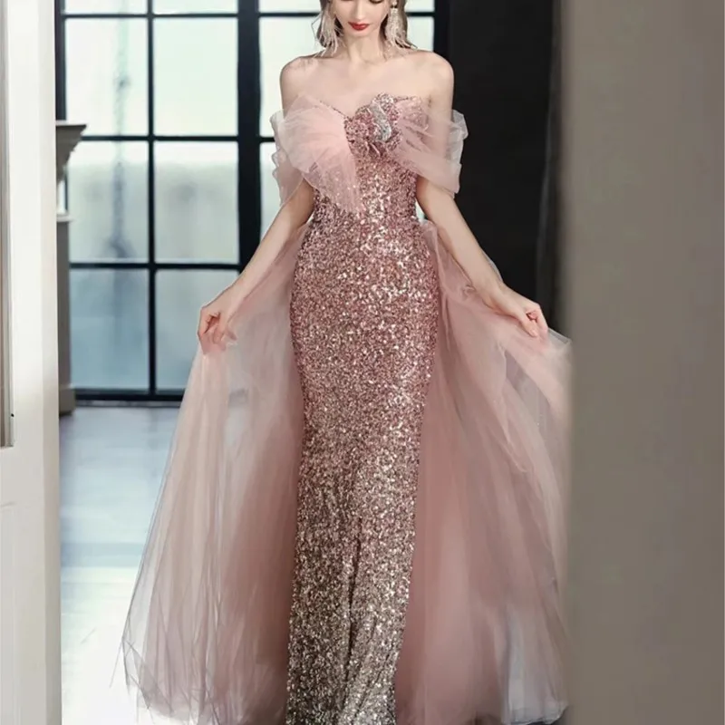 High order sequins new line shoulder toasting fishtail dress light luxury