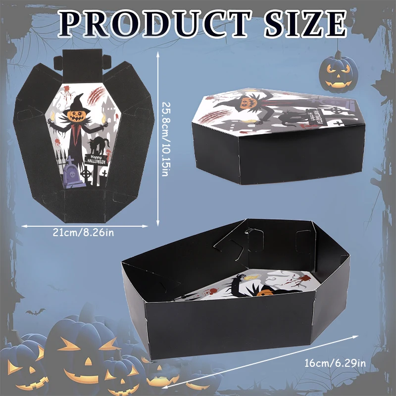 12pcs Halloween Coffin Shaped Candy Box Bat Pumpkin Skeleton Spider Pattern Baked Dessert Halloween Party Gift Packaging Box