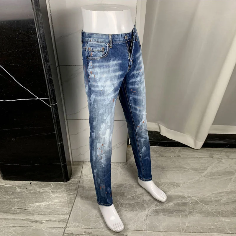 Street Fashion Men Jeans Retro Washed Blue Stretch Slim Fit Ripped Jeans Men Painted Designer Hip Hop Brand Denim Pants Hombre