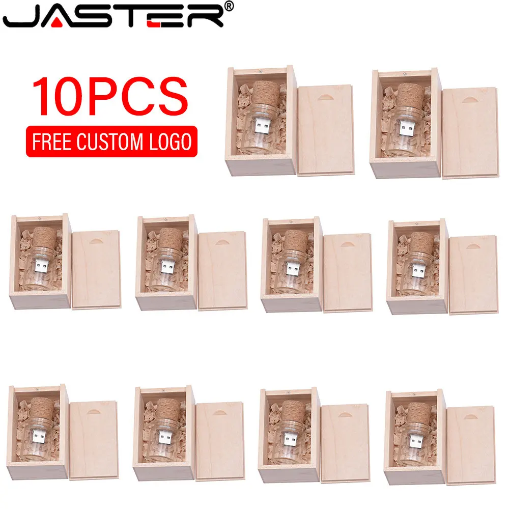 

JASTER 10PCS/LOT Glass drift bottle USB 2.0 128GB Flash Drives With Maple wood Box Free logo 64GB Waterproof Memory stick U disk