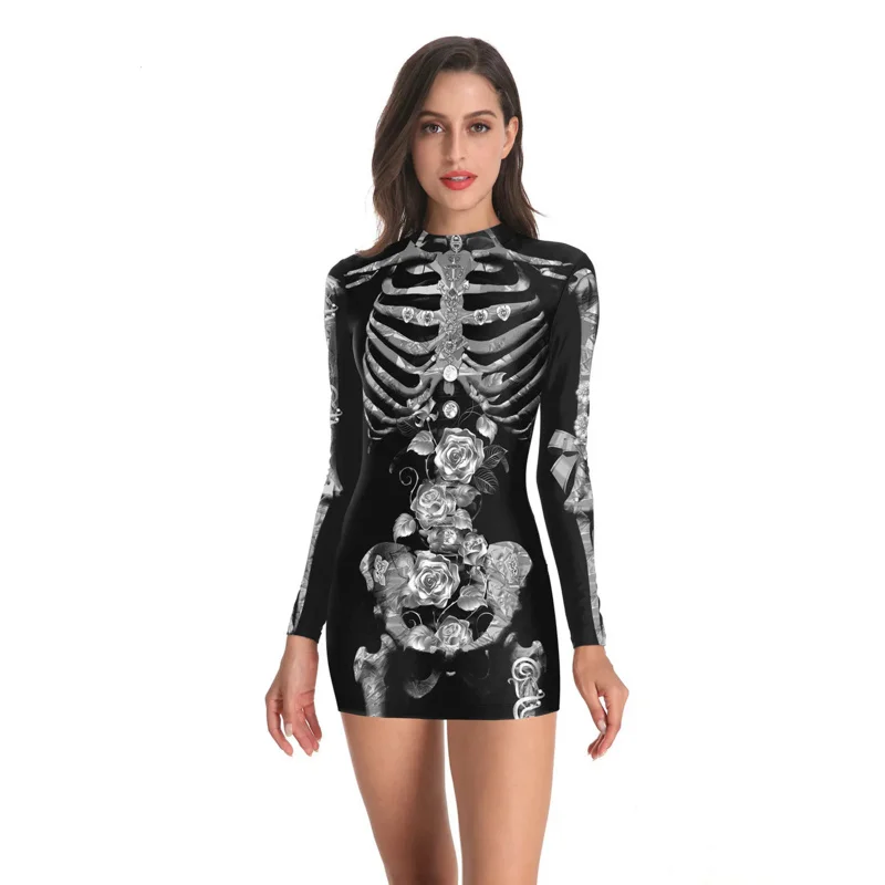 Women Vintage Skeleton Rose Print Jumpsuit Horror Bodysuit Halloween Cosplay Dress Scary Costume Femme Devil Party Fancy Outfits