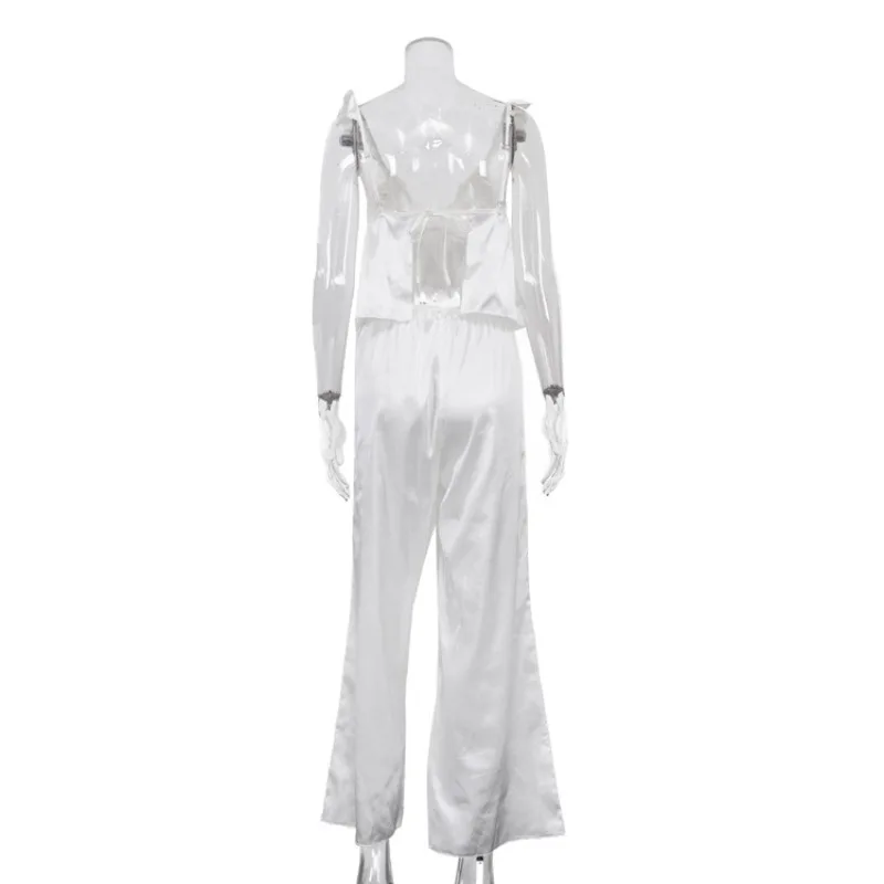 Damen Satin 2-teiliges Loungewear-Set, Spitzenrüschen-Cami-Top, weit geschnittene Hose, rückenfreie Schlafkleidung mit Bindeband, Nachtwäsche, Pyjama-Sets – Detail 3