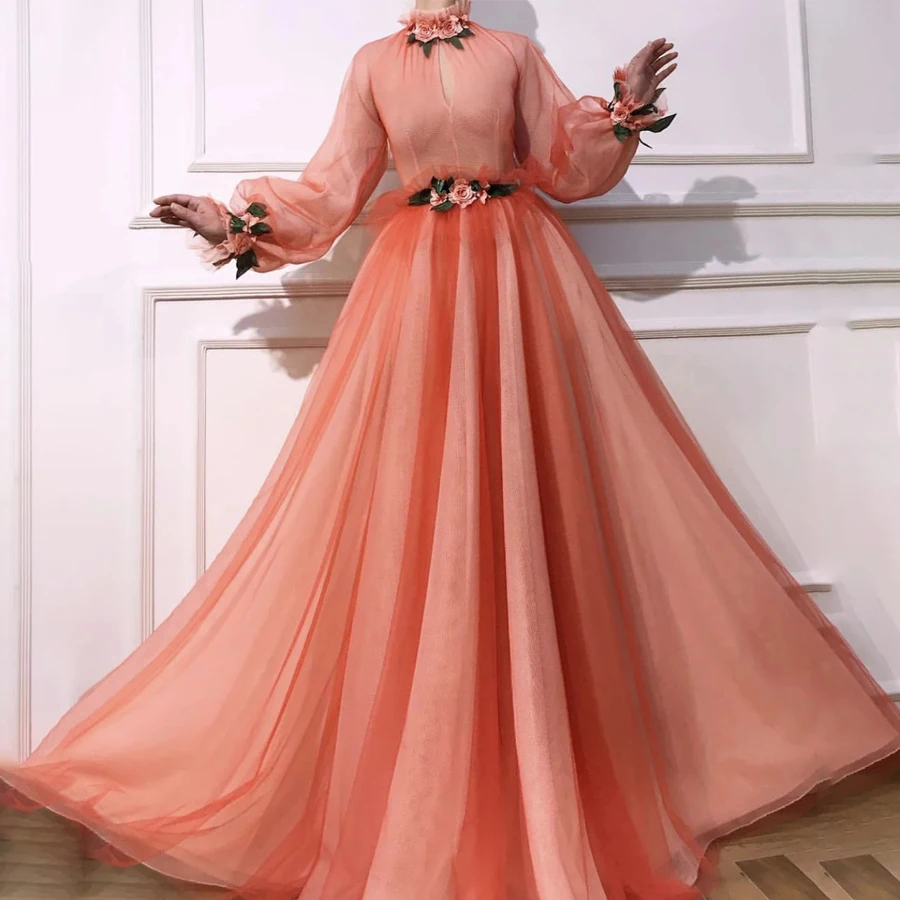 

Customzied High Neck Keyhole Front Long Sleeves Orange Tulle Prom Dress with 3D Flowers Lace Evening Gowns vestido para