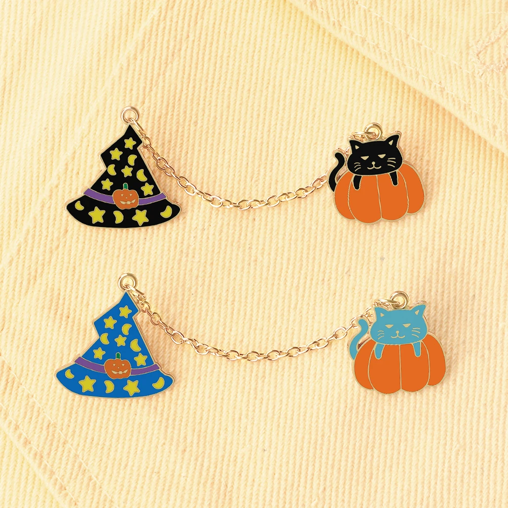 Cute Cat Pumpkin Witch Hat Long Chain Brooch Halloween Decoration Enamel Pin Women Men Jeans Coat Lapel Pin Badges Jewelry Gift