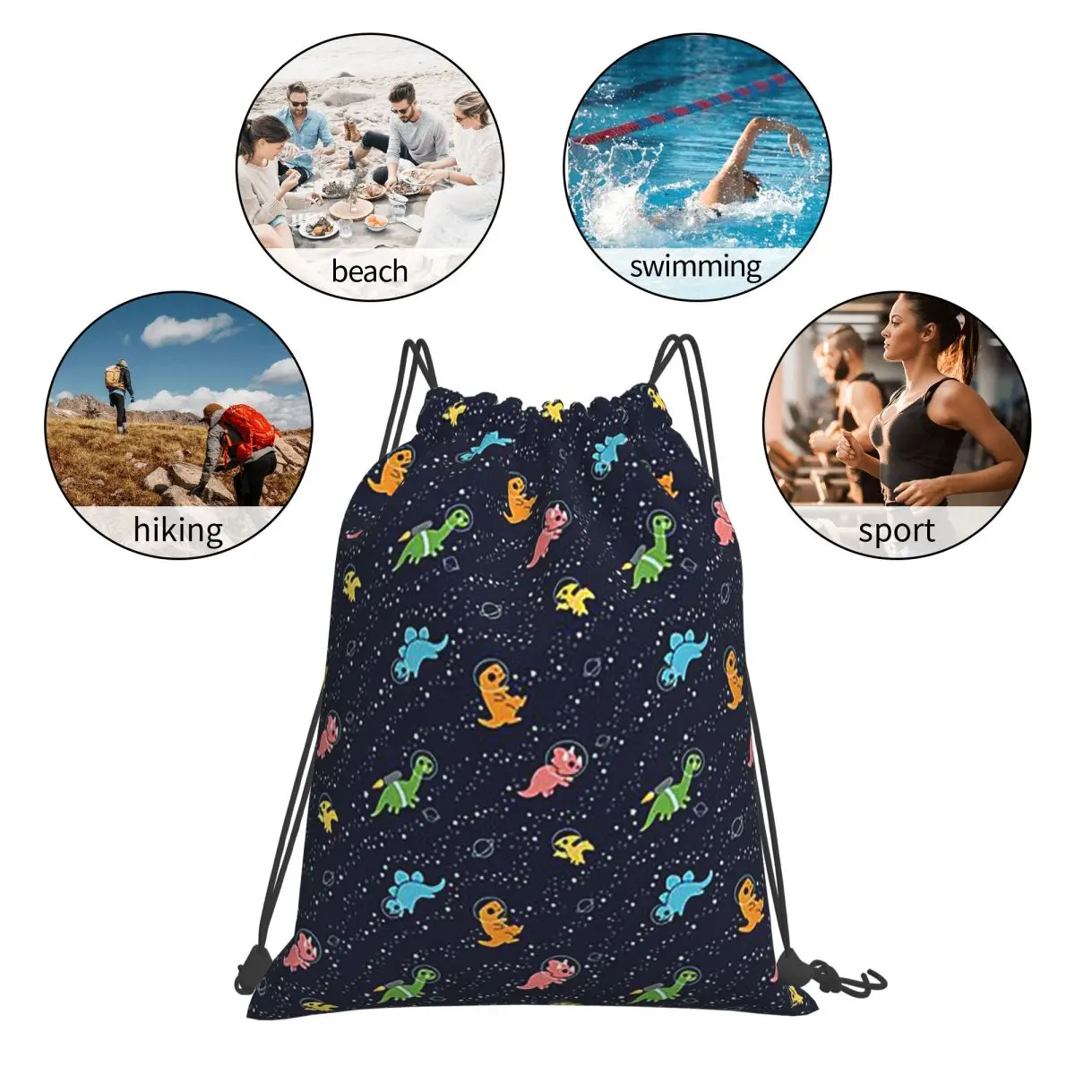 Dinosaurs In Space Pattern Backpacks Casual Portable Drawstring Bags Shoes Bag Book Bags For Travel Students